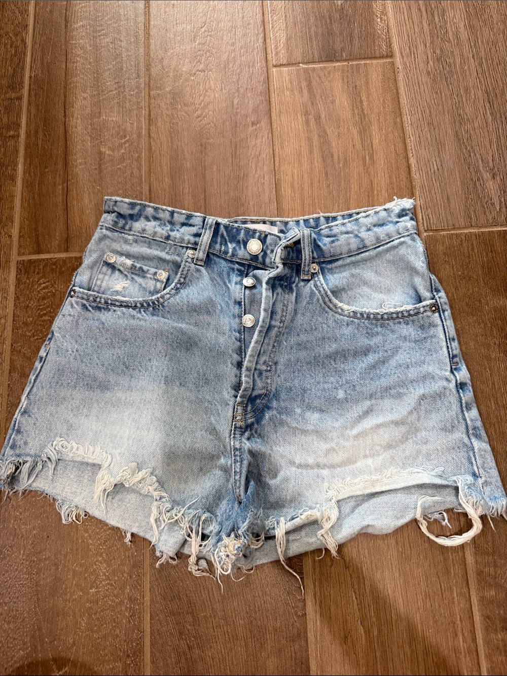 Zara Light Blue Distressed High-Waist Denim Shorts
